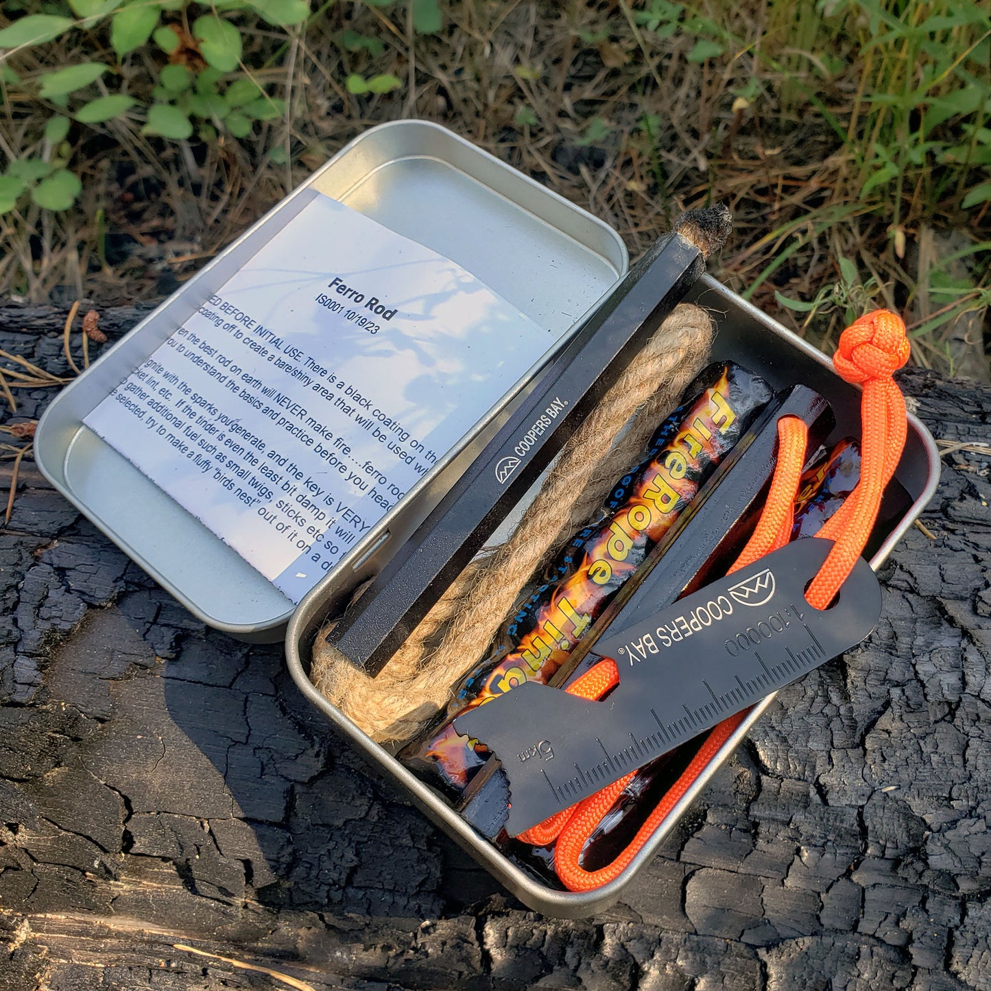 Kamper Kit - Ferro Fire Starting Package with Hex Ferro, Tinder and Storage Tin