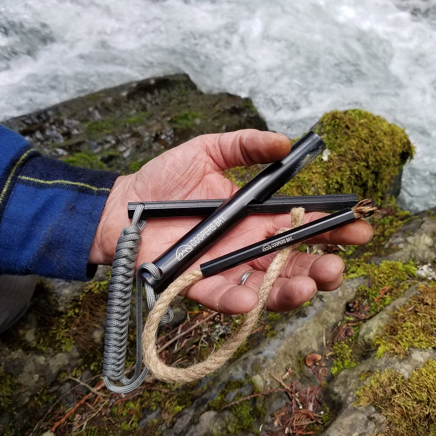 The 6-inch long Hexalite ferro rod and Tinder FireWick firestarting tools