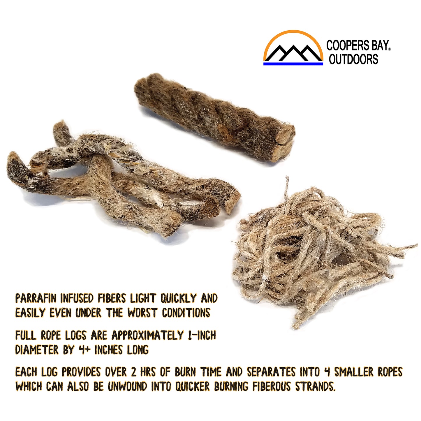 Our fire starting tinder wick ropes contain a special blend of paraffin waxes to quickly and easily light a fire for a campfire or in an emergency situation. A must have as a back up for waterproof matches or as your primary fire starting tools that you can depend on when backpacking, hiking, hunting, camping or in a survival situation.