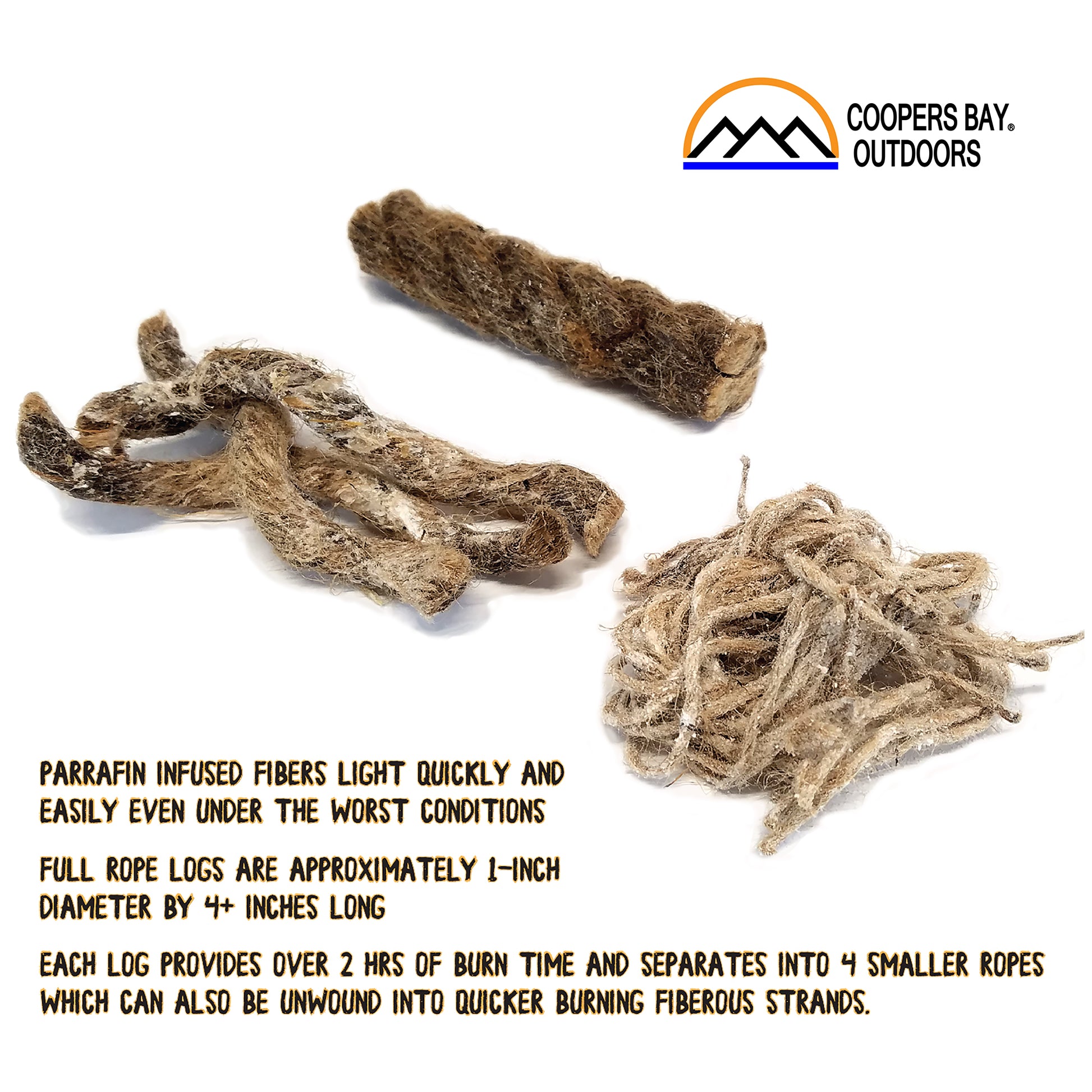 Our fire starting tinder wick ropes contain a special blend of paraffin waxes to quickly and easily light a fire for a campfire or in an emergency situation. A must have as a back up for waterproof matches or as your primary fire starting tools that you can depend on when backpacking, hiking, hunting, camping or in a survival situation.