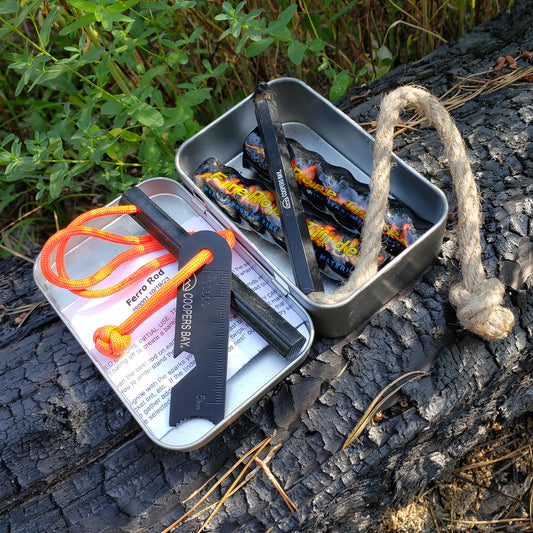 Kamper Kit - Ferro Fire Starting Package with Hex Ferro, Tinder and Storage Tin