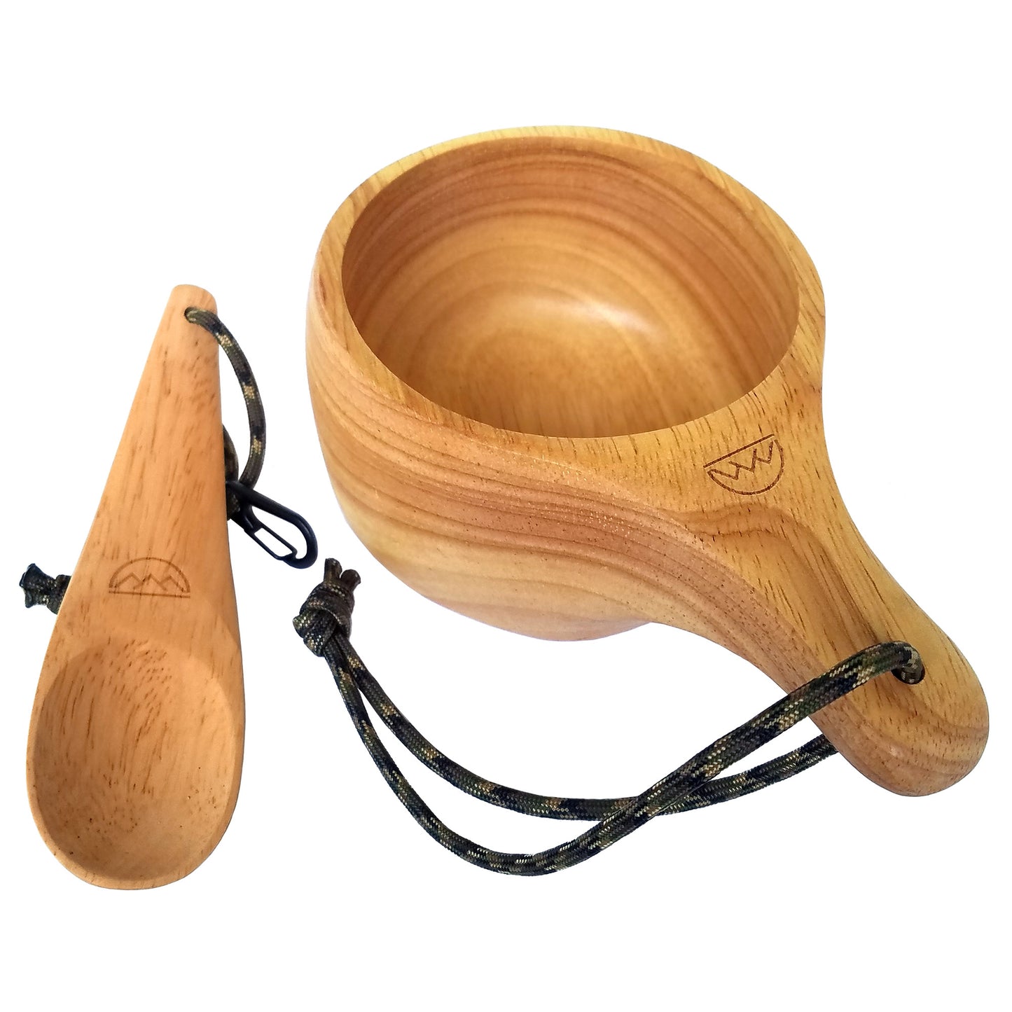 hand carved finnish mug and spoon for camping, picnics, travel