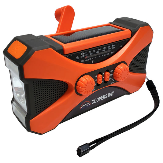 Multi-band portable emergency radio with solar and hand-crank charging