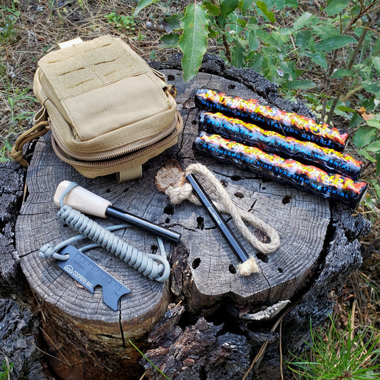 The Coopers Bay complete ferro rod fire kit has everything needed to get your camp or survival fire going