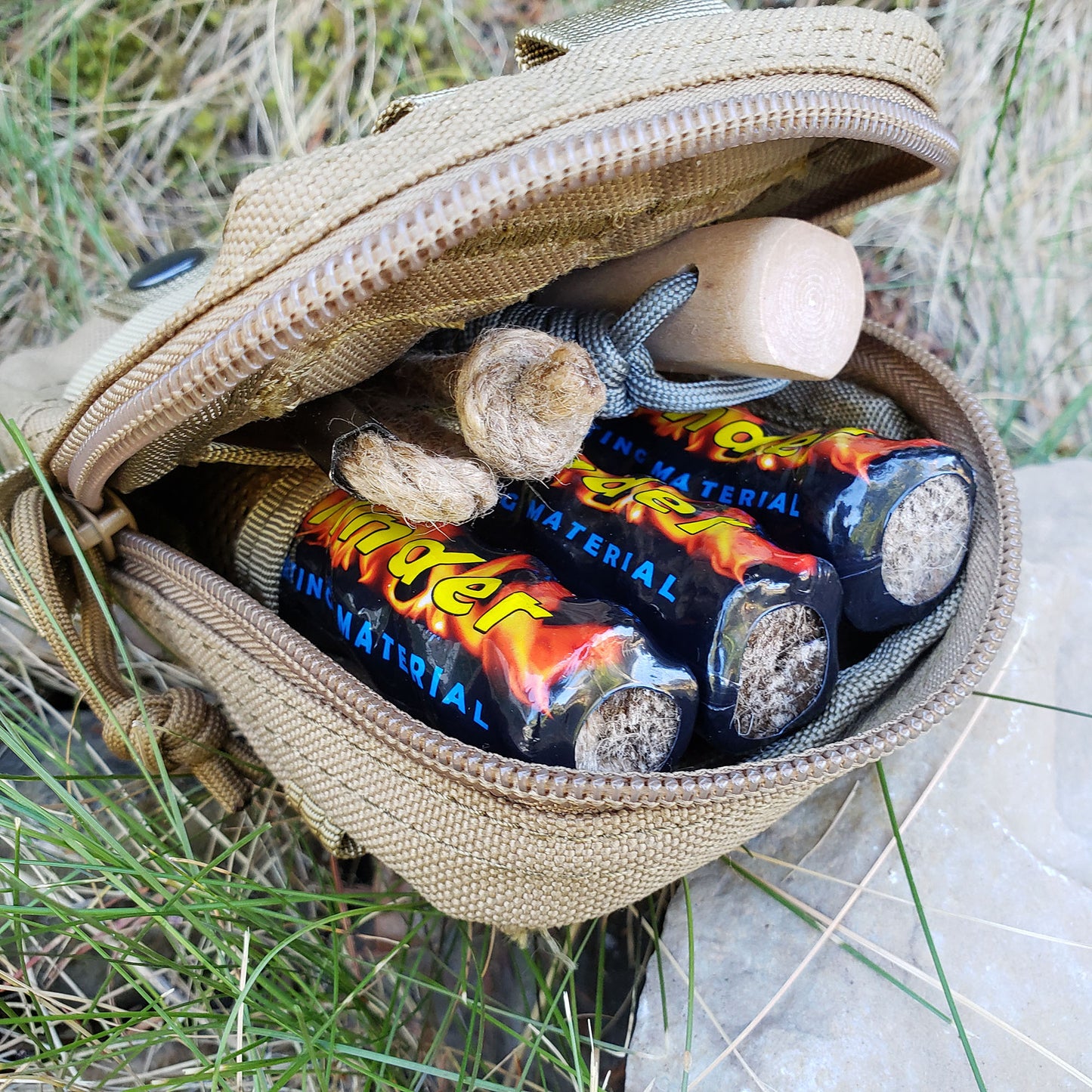 The complete firestarter package from Coiopers Bay all tuck neatly into the custom possibles bag.