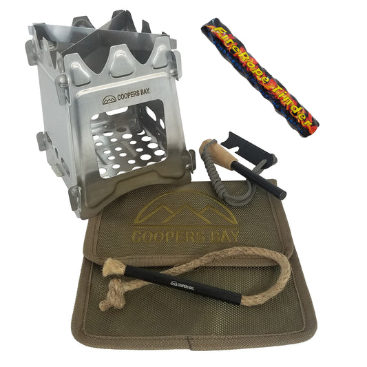 Coopers Bay Hiker twig stove and ferro firestarting kit include everything you need for lightweight camp cooking in one compact kit
