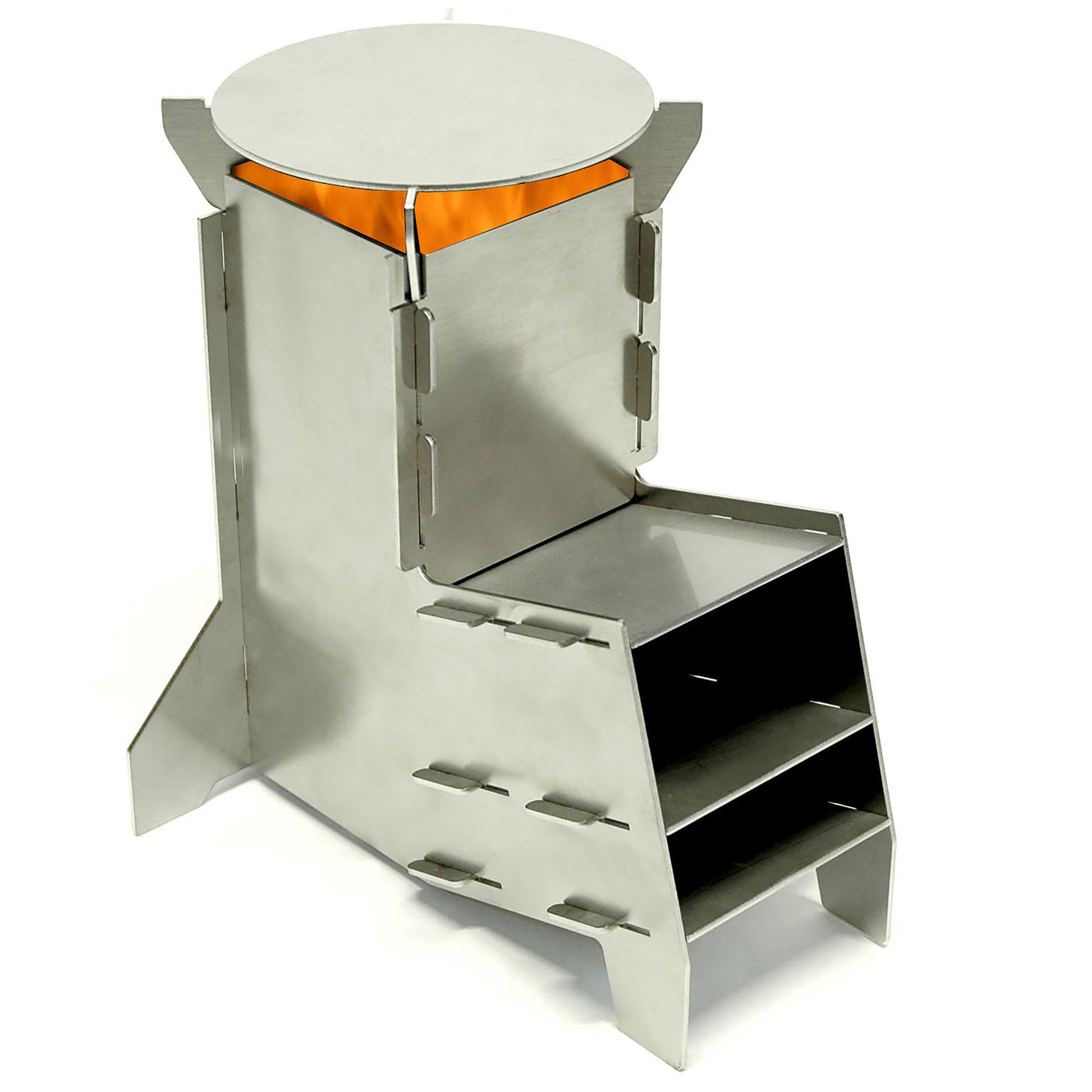 Stainless steel mini rocket stove packs flat for camping, hiking, or emergency