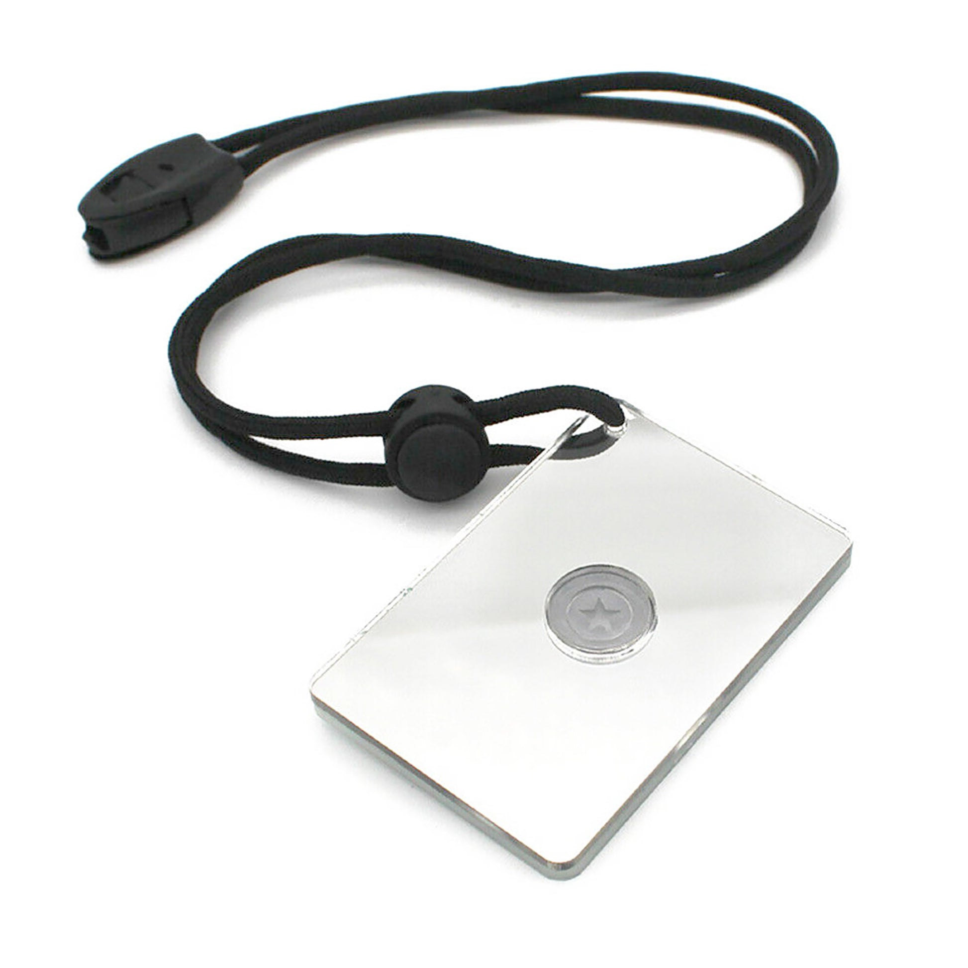 Emergency signaling mirror with neck lanyard and whistle